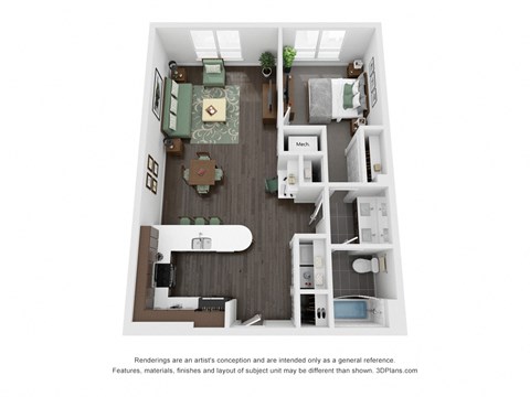 Floor plan for 1 bed, 1 bath, 850 sqft